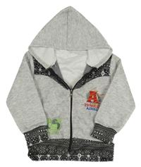 Sivo-čierna melírovaná prešívaná prepínaci mikina s písmenky a vzorom a kapucňou