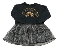 Černo-stříbrné teplákovo/plisované šaty s duhou z flitrů a bambulek F&F