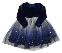 Safírovo-bílo-tmavomodré sametovo/tylové šaty s hvězdičkami