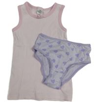 2set - Růžovo-bílá pruhovaná košilka + lila kalhotky se srdíčky