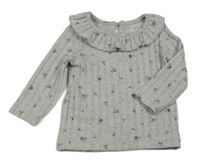 Sivé melírované kvetované rebrované úpletové tričko s golierikom Primark