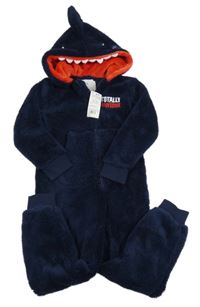 Nové - Tmavomodrá chlupatá kombinéza s kapucí - žralok F&F