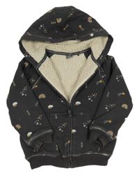 Tmavošedá zateplená propínací mikina s obrázky a kapucí Next