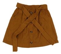 Hnedá rebrovaná sukňa s gombíkmi a opaskom Shein