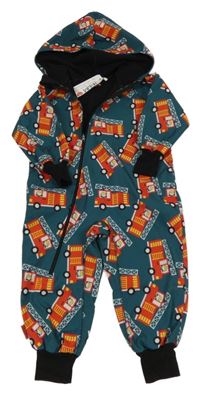 Nové - Tmavozelená softshellová kombinéza s hasičskými auty a kapucí