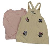 2set - Krémové manšestrové laclové šaty s Minnie + růžové žebrované triko Primark