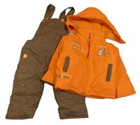 2set - Oranžová šusťáková zateplená bunda s tučňákem a kapucí + hnědé laclové kalhoty