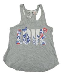 Sivý melírovaný top s nápisom s kvetmi a motýly H&M