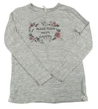 Sivé melírované úpletové tričko s nápisom a kvetmi Yd.