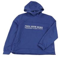 Tmavomodrá mikina s nápisem a kapucí 