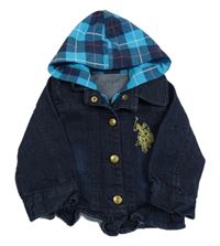 Tmavomodrá riflová bunda s kostkovanou kapucí 