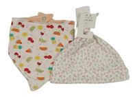 2 set - bílá květovaná čepice + bílo-oranžový slinták s ovociem