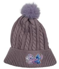 Pudrové fialová vzorovaná pletená čepice se Stitchem a bambulí 