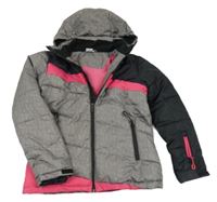 Šedo-černo-růžová šusťáková funkční zimní lyžařská bunda s kapucí Pocopiano