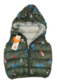 Khaki šušťáková zateplená vesta s diny a kapucňou