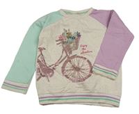 Bielo-lila-tyrkysová melírovaná mikina s bicyklom a králikom Crafted