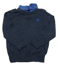 Tmavomodrý sveter s výšivkou a košilovou vsadkou Next