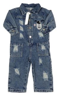 Nové - Tmavomodrý riflový kalhotový overal s čumákem a dírami Shein