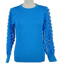 Dámský modrý svetr s tylovými vzorovanými rukávy Savida 