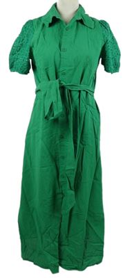 Dámské zelené plátěné košilové šaty s madeirovými rukávy a páskem 