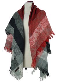 Dámský šedo-červeno-černý vzorovaný šátek s třásněmi 