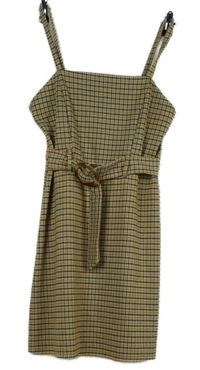 Dámské okrovo-šedé kostkované šaty s páskem Primark 