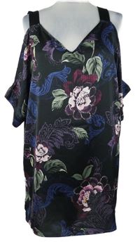Dámska čierna kvetovaná saténová tunika s volnými rameny Soon
