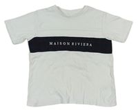 Bielo-tmavomodro-čierne tričko s nápisom