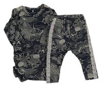 2set - Tmavomodro-béžové vzorované body + legíny s krajkou Name it
