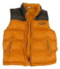 Oranžovo-hnedá šušťáková prešívaná zateplená vesta s nápisom