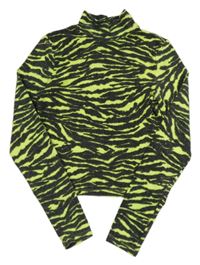 Tmavošedo-neonově zelené vzorované úpletové triko se stojáčkem 