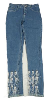 Modré skinny rifle s perlami a peříčky VENTI