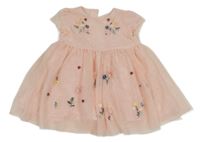 Ružové tylové šaty s výšivkami květů a berušek C&A