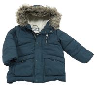 Tmavomodrá šusťáková zimní bunda s kožešinou a kapucí C&A