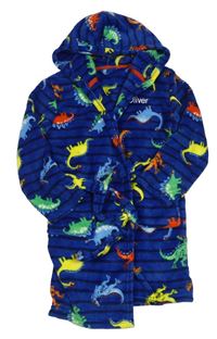Tmavomodrý pruhovaný chlupatý župan s dinosaury a kapucí