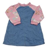 Modro-růžové riflovo/teplákové šaty s kytičkami Next 