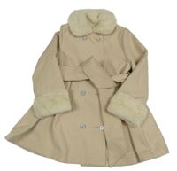 Béžový flaušový kabát s opaskom a kožúškom Shein