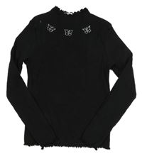 Čierne rebrované tričko s motýly z kamínků Page one young