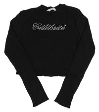 Černé žebrované crop triko s nápisem z kamínků H&M