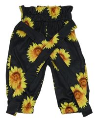 Čierne saténové turecké nohavice so slunečnicemi a opaskom