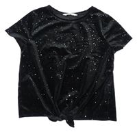 Čierne zamatové trblietavé tričko s mašlou H&M