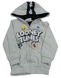 Světlešedá melírovaná propínací mikina s LOONEY TUNES a kapucí 