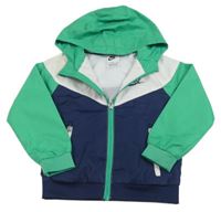 Zeleno-bílo-tmavomodrý šusťákový jarní bomber s logom a kapucňou Nike