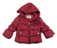 Vínová prošívaná šusťáková zimní bunda s mašlí a kapucí ZARA