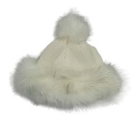 Smetanová pletená čepice s kožešinou a bambulí