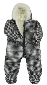 Černo-tmavošedo-bílá kostkovaná šusťáková zimní kombinéza s volánky a kapucí s kožešinou George