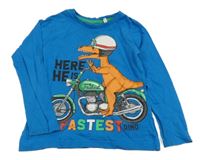 Modré triko s dinosaurem a motorkou C&A