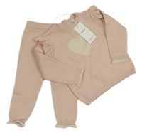 Nové - 2Set - světlerůžový úpletový svetr se srdíčky a volánky + kalhoty M&S