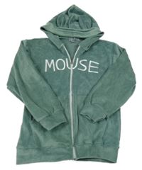 Olivovošedá plyšová bunda s nápisom a kapucňou s uškami