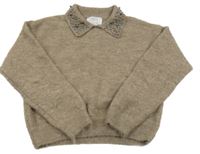 Kávový melírovaný oversize svetr s límečkem s perlami ZARA